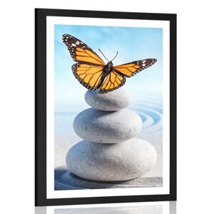 Plagát s paspartou rovnováha kameňov a motýľ