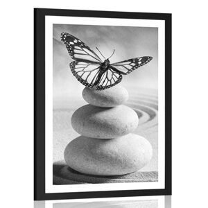 Plagát s paspartou rovnováha kameňov a motýľ v čiernobielom prevedení