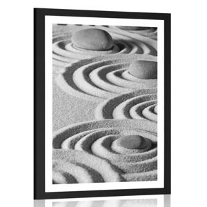 Plagát s paspartou Zen kamene v piesočnatých kruhoch čiernobielom prevedení