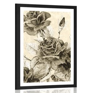 Plagát s paspartou vintage kytica ruží v sépiovom prevedení