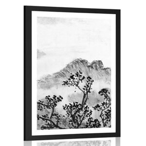 Plagát s paspartou tradičná čínska maľba krajiny v čiernobielom prevedení