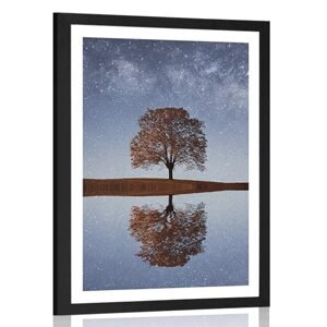 Plagát s paspartou hviezdna obloha nad osamelým stromom