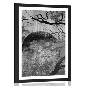 Plagát s paspartou surrealistické stromy v čiernobielom prevedení