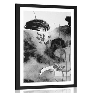 Plagát s paspartou maľba japonskej oblohy v čiernobielom prevedení