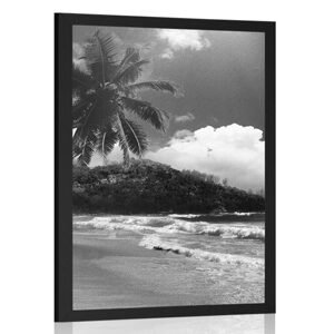 Plagát pláž na ostrove Seychely v čiernobielom prevedení