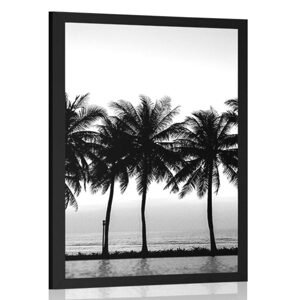 Plagát západ slnka nad palmami v čiernobielom prevedení