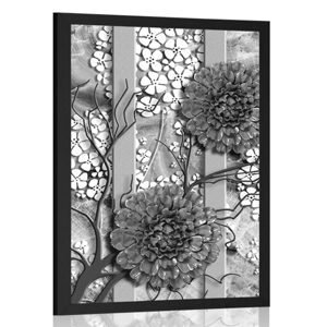 Plagát abstraktné kvety na mramorovom pozadí v čiernobielom prevedení