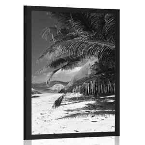 Plagát krásy pláže Anse Source v čiernobielom prevedení
