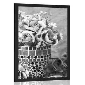 Plagát kvety karafiátu v mozaikovom črepníku v čiernobielom prevedení