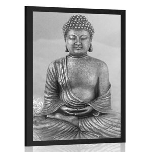 Plagát socha Budhu v meditujúcej polohe v čiernobielom prevedení