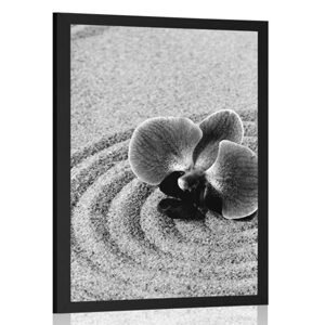 Plagát piesočnatá Zen záhrada s orchideou v čiernobielom prevedení