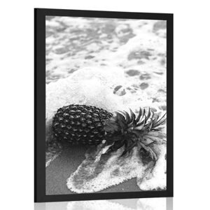 Plagát ananás vo vlne oceánu v čiernobielom prevedení