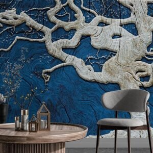 Samolepiaca tapeta abstraktný strom na dreve s modrým kontrastom