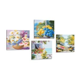 Set obrazov maľované kvety vo váze s prírodou