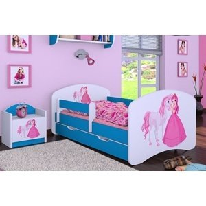 Happy Babies Detská posteľ HAPPY/ 09 Princezná s koníkom 160 x 80 cm Farba: Modrá / biela, Prevedenie: L04 / 80 x 160 cm /S úložným priestorom