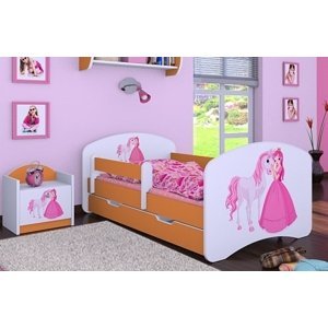 Happy Babies Detská posteľ HAPPY/ 09 Princezná s koníkom 160 x 80 cm Farba: Oranžová / Biela, Prevedenie: L04 / 80 x 160 cm /S úložným priestorom