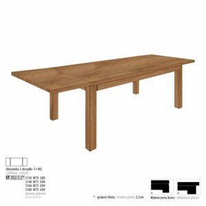 Drewmax Jedálenský stôl - masív ST302 / S90 - hrúbka 2,5cm / dub Prevedenie: E 180 x 75 x 90 cm