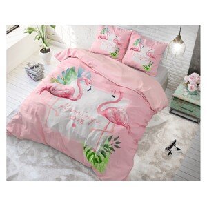 Ružové posteľné obliečky s plameniakmi FLAMINGO LOVE 140 x 200 cm