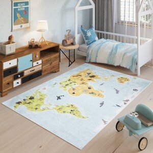 domtextilu.sk Detský koberec s motívom mapy sveta a zvierat 68372-243412