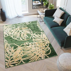 domtextilu.sk Trendový zelený koberec so vzorom zlatých listov 68523-243743