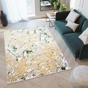 domtextilu.sk Trendový krémovo-zelený koberec so vzorom zlatých listov 68525-243750