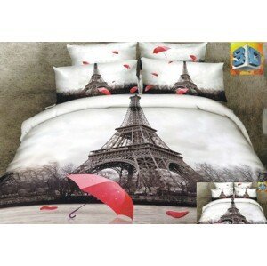 domtextilu.sk Bielo hnedé posteľné obliečky s motívom mesta Paríž a červeným dáždnikom 160 x 200 cm  Biela 3237