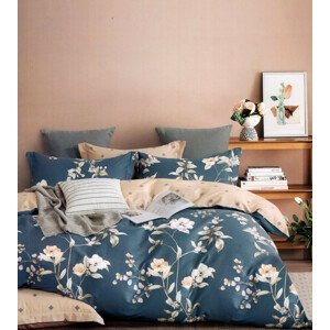 Béžovo modré bavlnené posteľné obliečky s kvetmi 3 časti: 1ks 200x220 + 2ks 70 cmx80