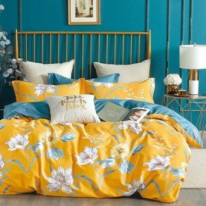 Krásne žlté obostranné bavlnené posteľné obliečky s kvetmi 3 časti: 1ks 200x220 + 2ks 70 cmx80