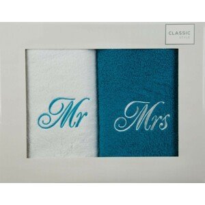 Originálne bavlnené bielo tyrkysové ručníky MR and MRS