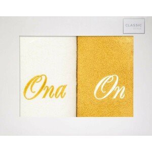 Sada bielo žltých uterákov s nápisom ONA A ON Šírka: 70 cm | Dĺžka: 140 cm