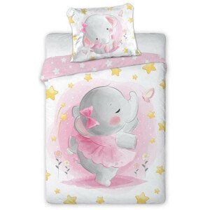 Bavlnená posteľná bielizeň pre deti s potlačou sloníka v ružových šatách