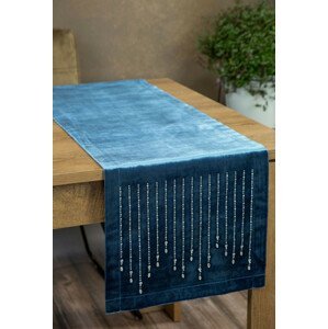 DomTextilu Luxusný zamatový stredový obrus v modrej farbe s detailom kamienkov 54105-233655 Modrá