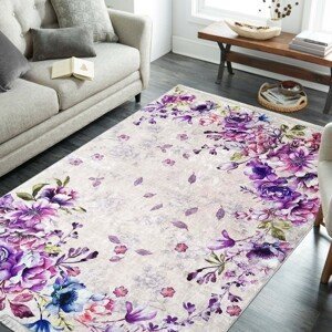 DomTextilu Protišmykový koberec fialovej farby s kvetmi 55124-234514