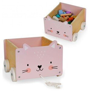 Drevený úložný box na šnúrke s kolieskami a motívom ružovej mačičky