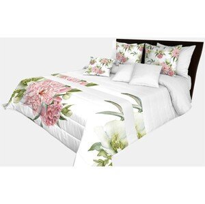 domtextilu.sk Prehoz na posteľ v bielej farbe s potlačou veľkej ružovej kvetiny a zelených listov Šírka: 200 cm | Dĺžka: 220 cm 65867-239573