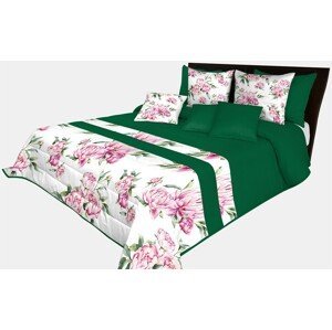 domtextilu.sk Prehoz na posteľ v krásnej zelenej farbe s potlačou ružových kvetín a zelených listov Šírka: 170 cm | Dĺžka: 210 cm 65868-239579