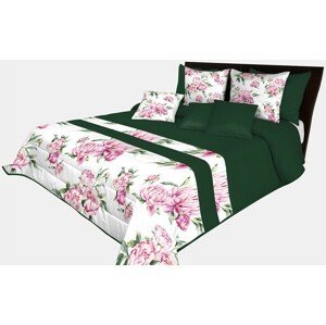 domtextilu.sk Prehoz na posteľ v krásnej tmavo zelenej farbe s potlačou ružových kvetín a zelených listov Šírka: 170 cm | Dĺžka: 210 cm 65869-239585