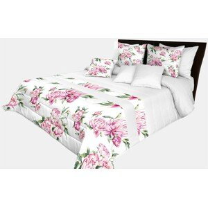 domtextilu.sk Prehoz na posteľ v krásnej bielej farbe s potlačou ružových kvetín a zelených listov Šírka: 170 cm | Dĺžka: 210 cm 65870-239591