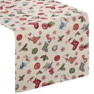 Béžová štóla na stôl s tkaným vianočným vzorom