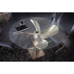 Estila Okrúhly jedálenský stôl z kovu a skla v tvare lodnej skrutky v striebornom prevedení s okrúhlou doskou zo skla 94cm