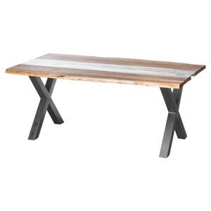 Estila Industriálny jedálenský stôl Live Edge z hnedého dreva so sklenenou aplikáciou a čiernymi prekríženými nožičkami 180cm