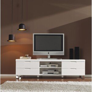 Estila Dizajnový obdĺžnikový TV stolík Henning v lesklom bielom prevedení so striebornými nožičkami 180cm