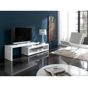 Estila Jedinečný obdĺžnikový TV stolík Henning v lesklej bielej farbe s nastaviteľnou vrchnou doskou 200cm