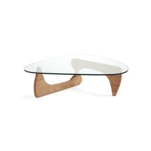 Estila Moderný dizajnový konferenčný stolík Dezina zo skla s hnedou drevenou podstavou 126cm