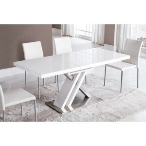 Estila Moderný obdĺžnikový rozkladací jedálenský stôl Brillante v lesklej bielej farbe s kovovou podstavou atypického tvaru 130(170)cm