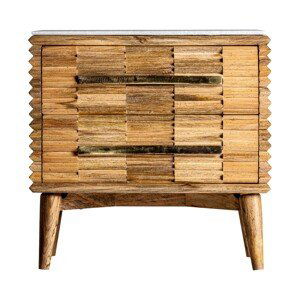 Estila Mramorový nočný stolík Plissé Nature a masívneho dreva v naturálnej hnedej farbe so zásuvkami a zlatými rukoväťami 65cm