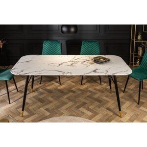 Estila Art-deco jedálenský stôl Forisma so sklenenou bielou doskou s mramorovým vzhľadom a čiernym kovovým rámom 140cm