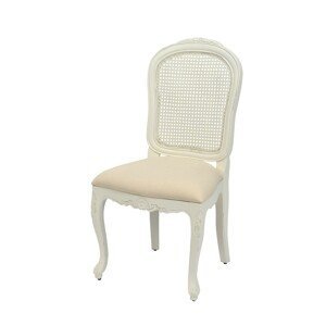Estila Provensálska masívna biela jedálenská stolička Preciosa s látkovou sedacou časťou a operadlom z ratanu s mahagónovým telom 99cm