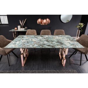 Estila Art-deco obdĺžnikový jedálenský stôl Ariana s tyrkysovo modrou vrchnou doskou s mramorovým vzhľadom a ružovou podstavou 200cm
