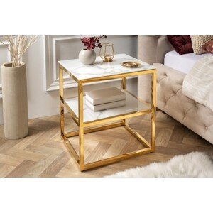 Estila Moderný nočný stolík Gold Marbleux z bezpečnostného skla s bielym mramorovým vzhľadom s kovovou podstavou zlatá 50cm